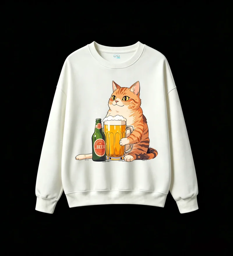 Buzo Cuello Redondo Algodón Estampada Gato Cerveza Diseño Original Casual