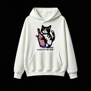 Buzo con capucha Algodón Estampada Gato Con Vino Diseño Minimalista