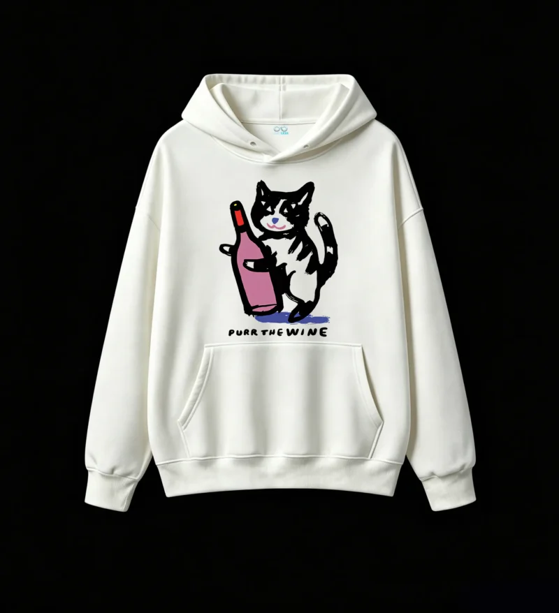 主图_2 Buzo con capucha Algodón Estampada Gato Con Vino Diseño Minimalista