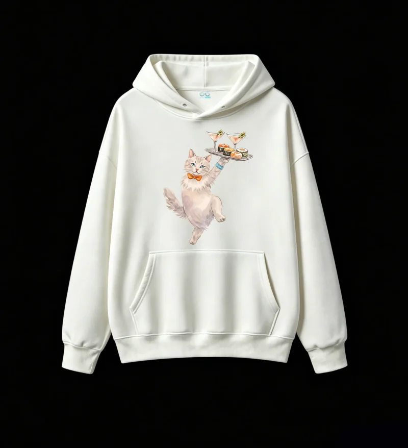 Buzo con capucha Algodón Estampado Gato Mesero Sushi Premium Kawaii