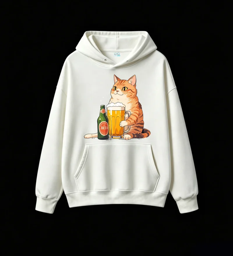 主图_2 Buzo con capucha Algodón Estampada Gato Cerveza Diseño Original Casual
