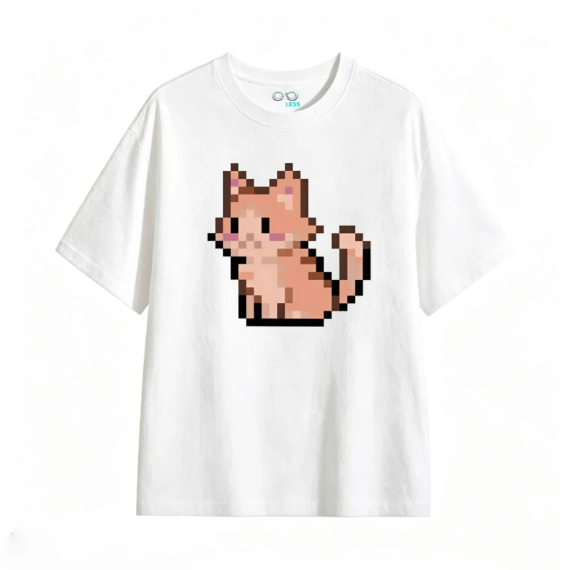 主图_2 Remera Algodón Estampado Gato Pixel Art Kawaii Urbano