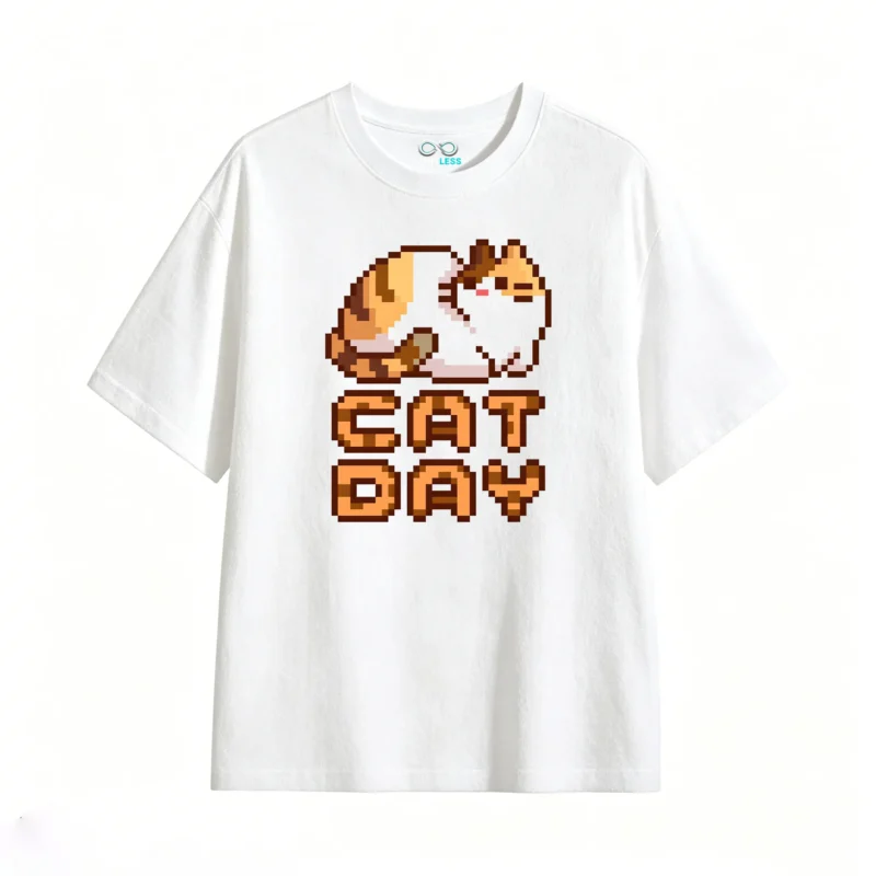 Remera Algodón Estampado Pixel Art Diseño Cat Day Premium