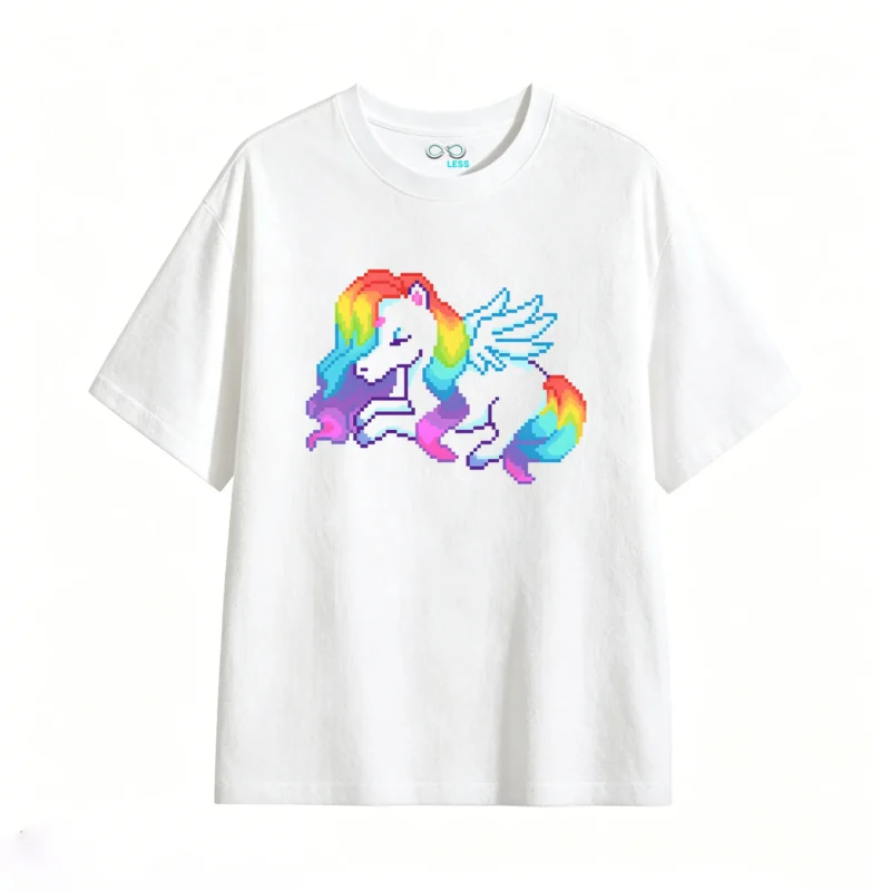 Remera Algodón Estampado Pixel Art Arcoíris Diseño Kawaii