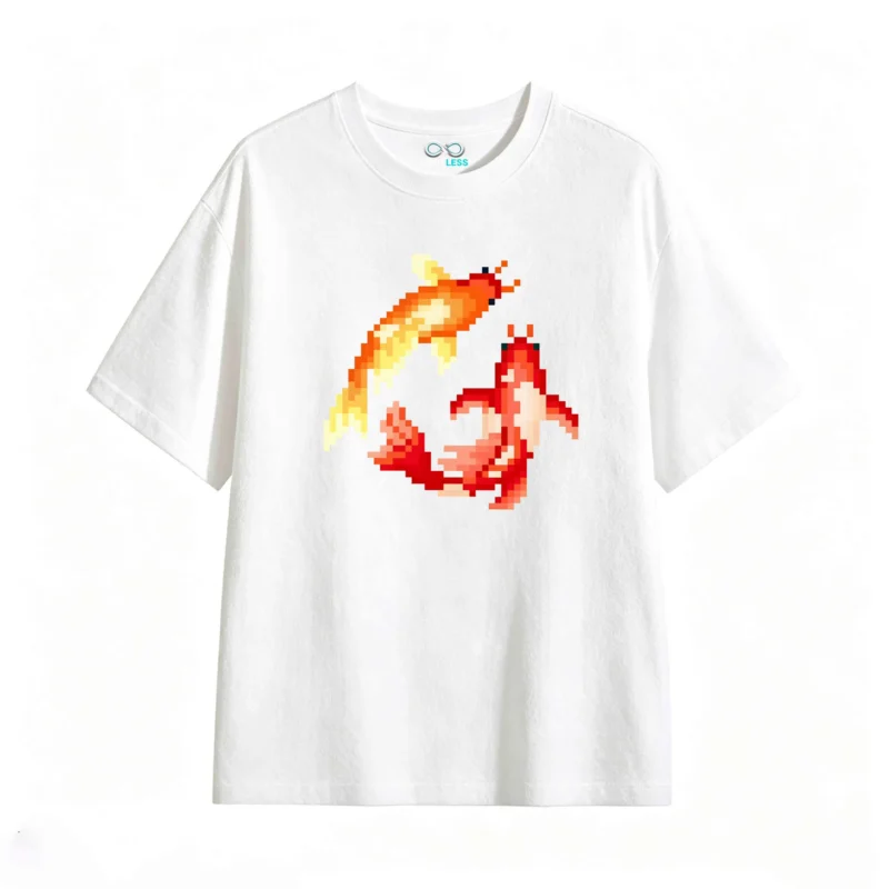 Remera Algodón Estampado Peces Koi Pixel Art Estilo Retro