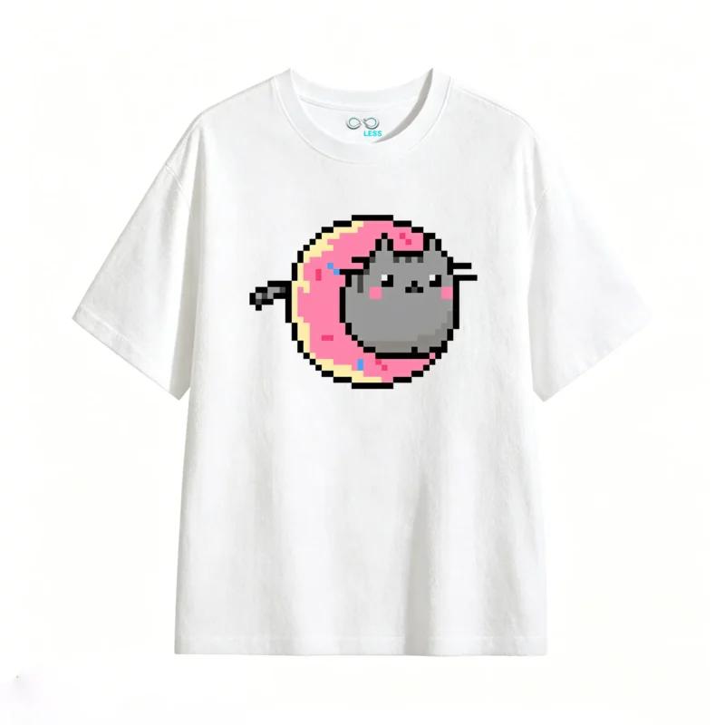 主图_2 Remera Algodón Gato Donut Pixel Art Diseño Estampado Kawaii