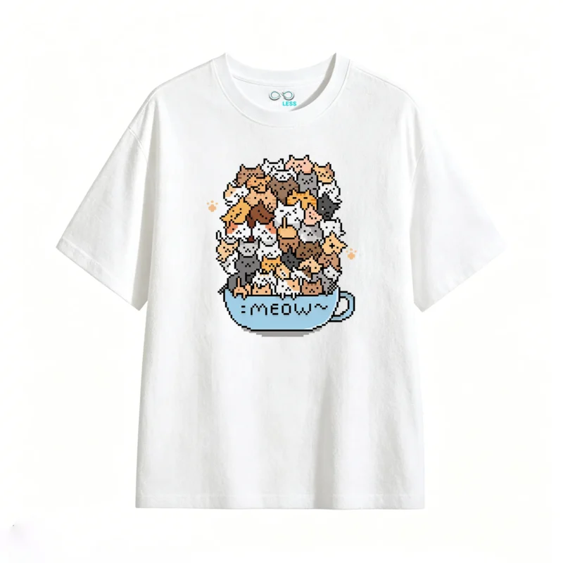 Remera Algodón Estampado Gatos Pixel Art Diseño Kawaii