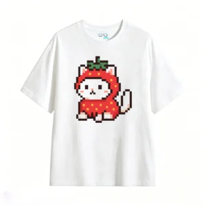 主图_2 Remera Algodón Estampado Pixel Art Gato Frutilla Casual