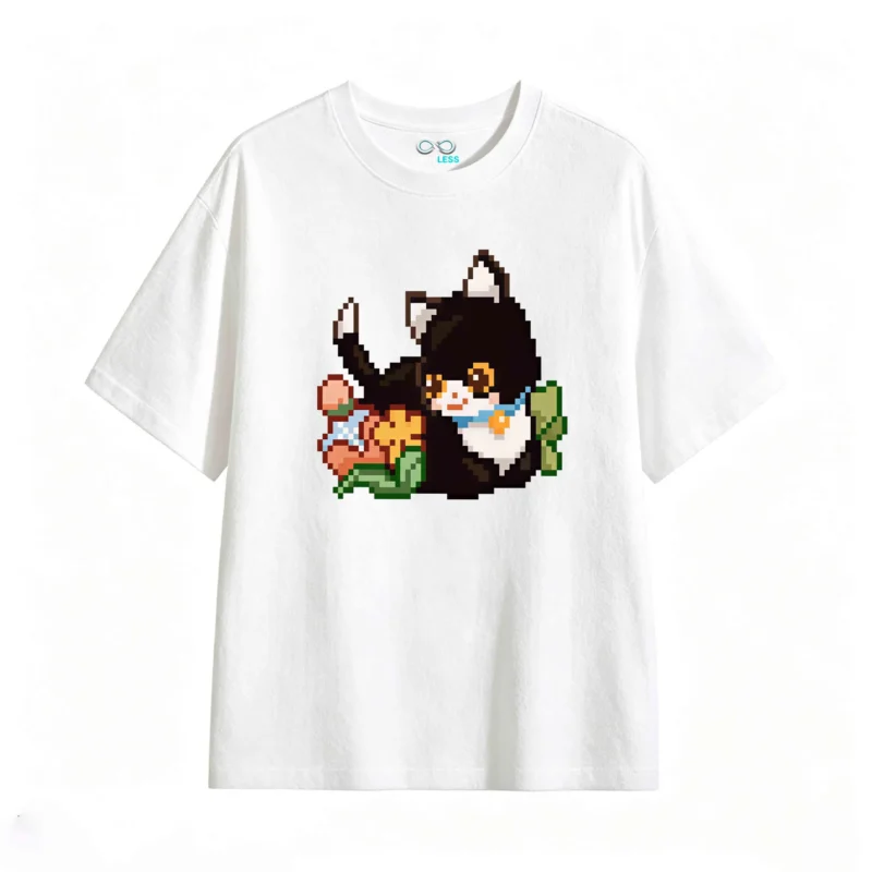 Remera Algodón Estampado Pixel Art Gato Kawaii Premium