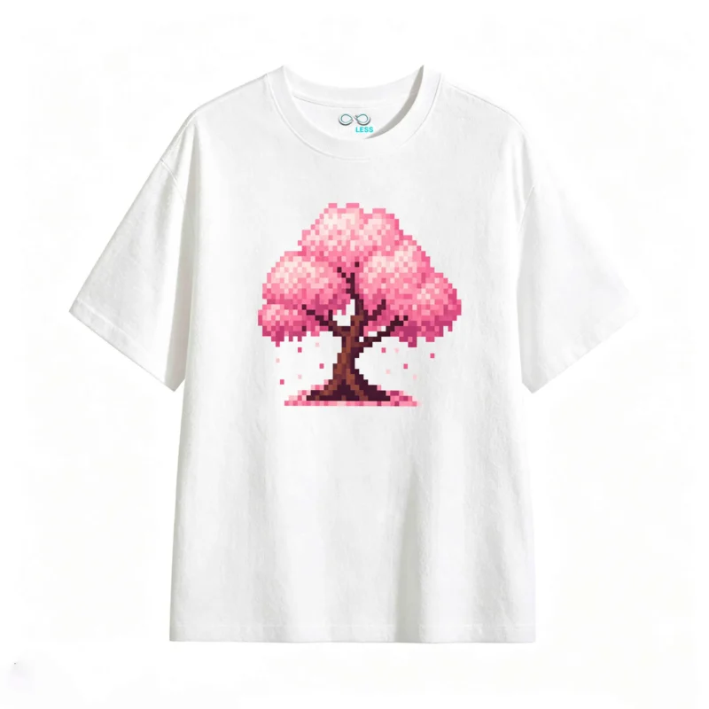 Remera Algodón Estampado Pixel Art Cerezo Japonés Casual