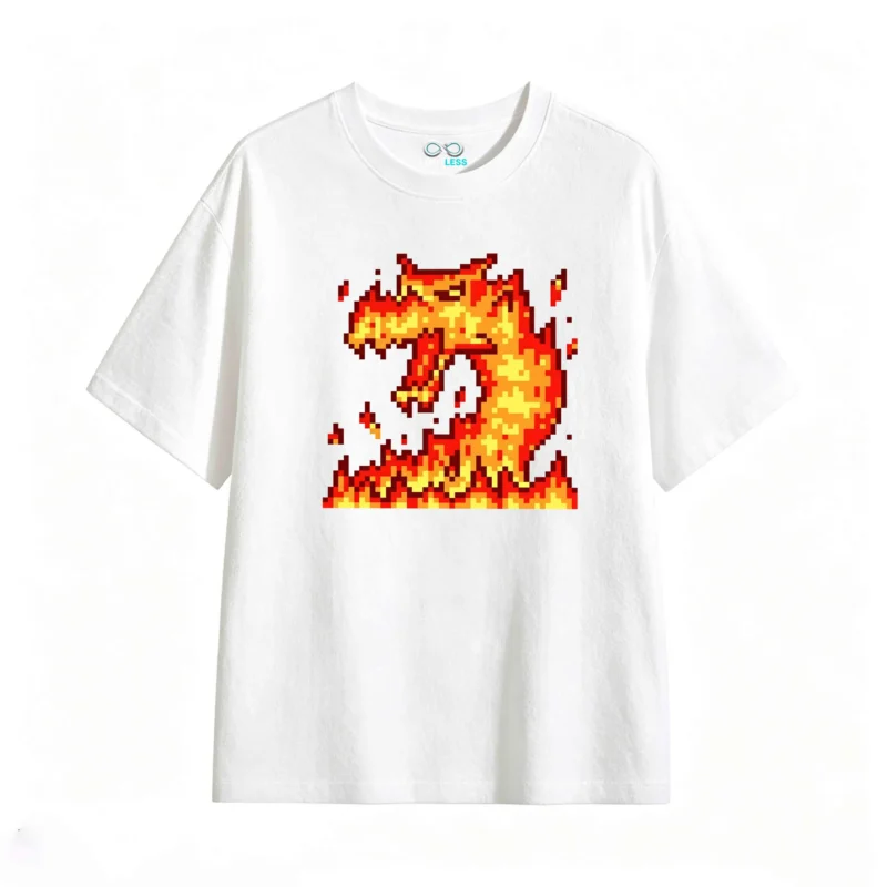 Remera Algodón Estampado Pixel Art Dragón Fuego Gaming Moda