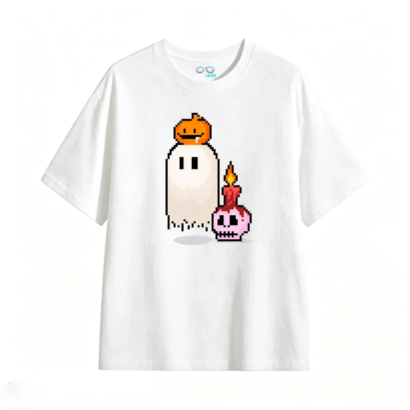 主图_2 Remera Algodón Estampado Pixel Art Halloween Fantasma Calavera