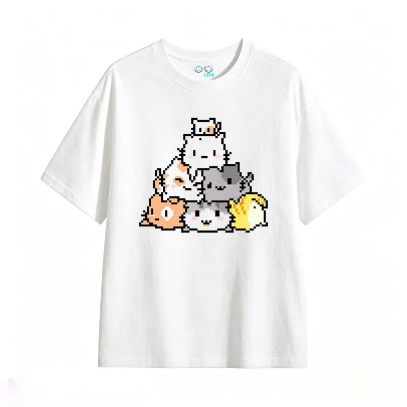 Remera Algodón Estampado Gatos Pixel Art Diseño Kawaii