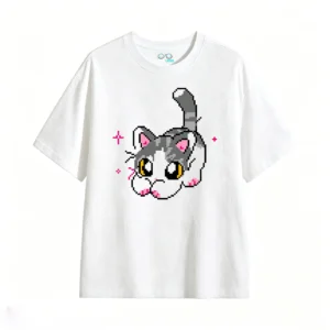 主图_2 Remera Algodón Estampado Pixel Art Gato Estilo Y2K Casual