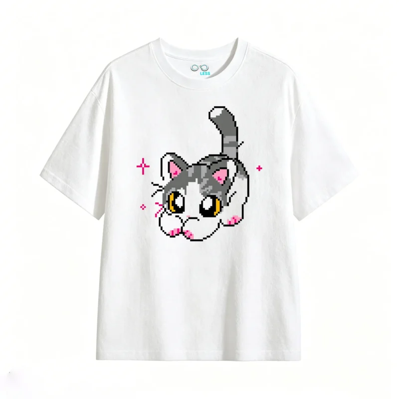 Remera Algodón Estampado Pixel Art Gato Estilo Y2K Casual