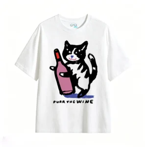 主图_2 Remera Algodón Estampada Gato Con Vino Diseño Minimalista