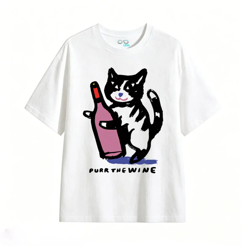 Remera Algodón Estampada Gato Con Vino Diseño Minimalista