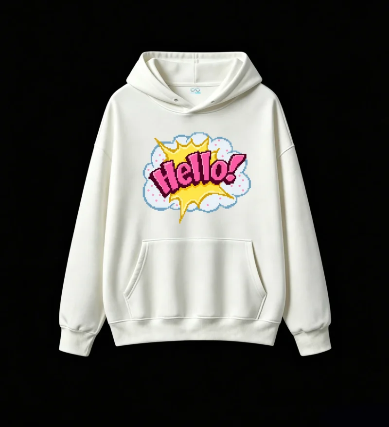 主图_2 Buzo con Capucha Algodón Estampado Hello Diseño Pixel Art Retro Calidad