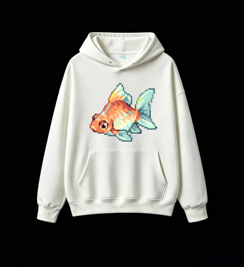 主图_2 Buzo con Capucha Algodón Estampado Pez Pixel Art Diseño Retro Casual