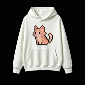 主图_2 Buzo con Capucha Algodón Estampado Gato Pixel Art Diseño Kawaii Viral