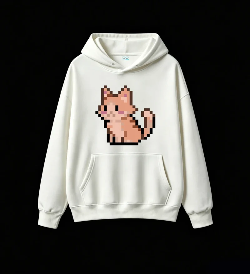 主图_2 Buzo con Capucha Algodón Estampado Gato Pixel Art Diseño Kawaii Viral
