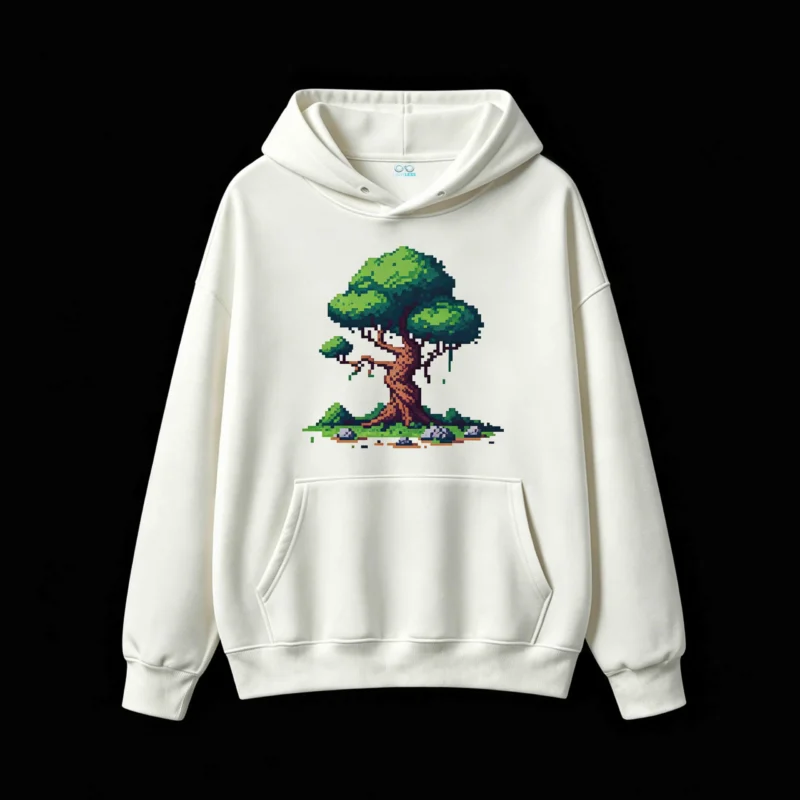 主图_2 Buzo con Capucha Algodón Estampado Árbol Pixel Art Premium Casual