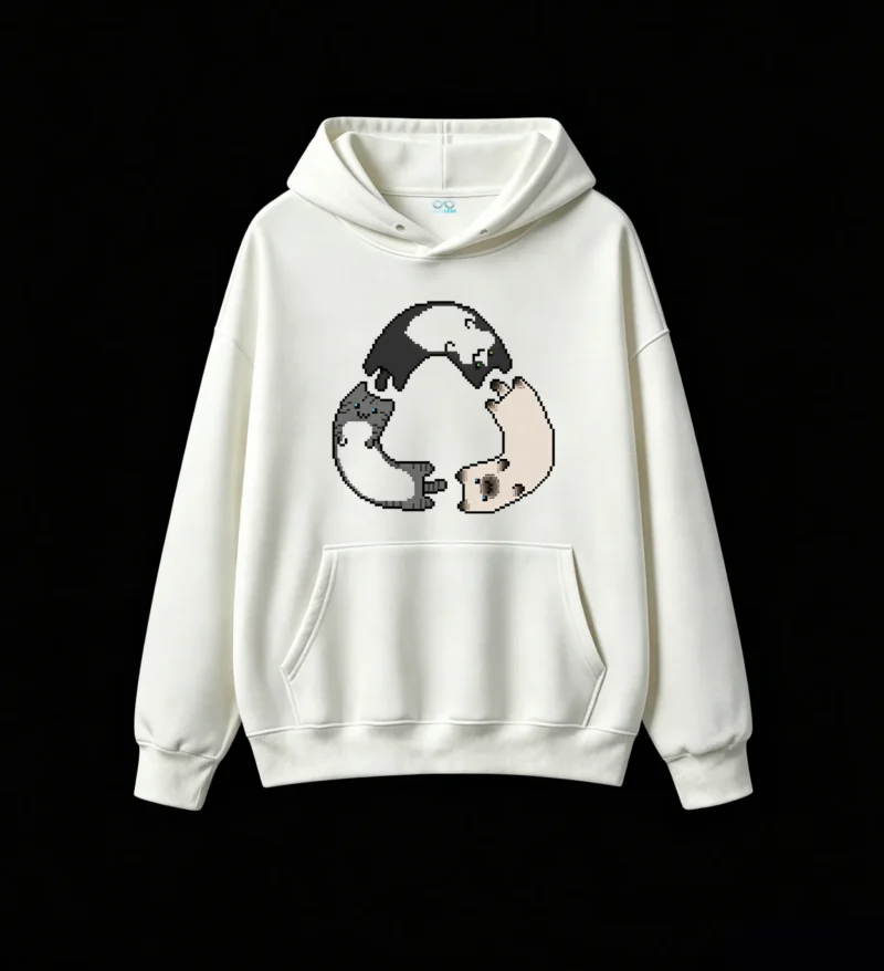 主图_2 Buzo con Capucha Algodón Estampado Gatos Pixel Art Casual Premium