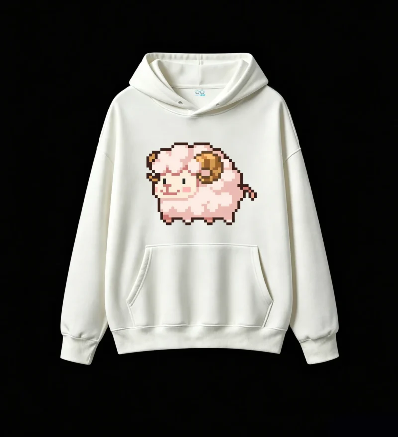 主图_2 Buzo con Capucha Algodón Estampado Oveja Pixel Art Diseño Kawaii Premium