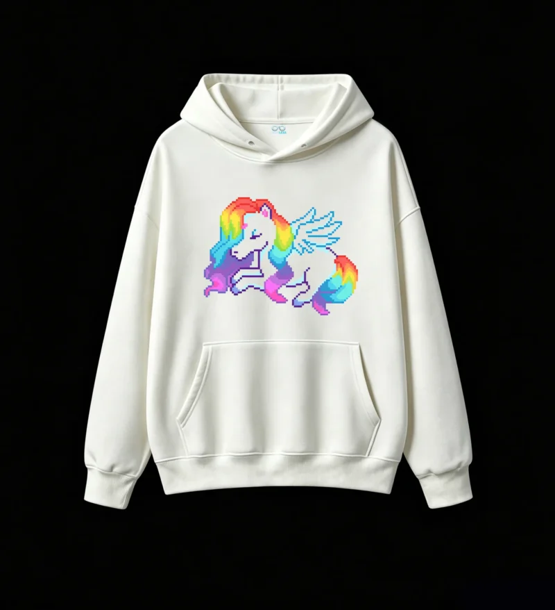 主图_2 Buzo con Capucha Algodón Estampado Pixel Art Arcoíris Estilo Retro