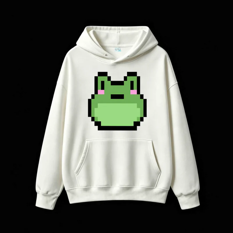 Buzo con Capucha Algodón Estampado Pixel Art Rana Kawaii Oversize