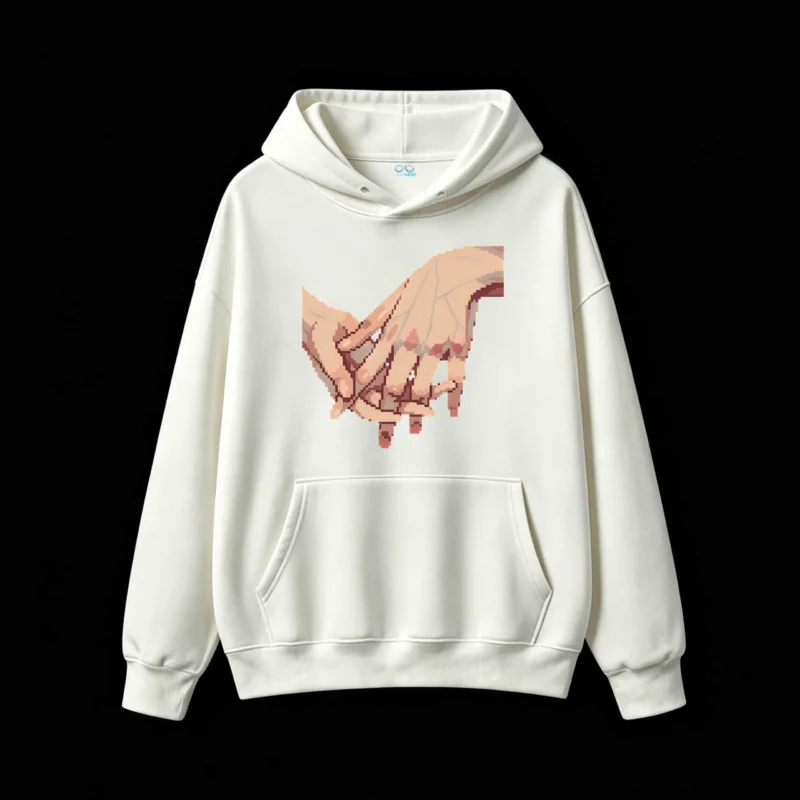 Buzo con Capucha Algodón Estampado Pixel Art Manos Diseño Urbano Premium