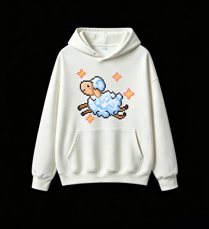 主图_2 Buzo con Capucha Algodón Estampado Oveja Pixel Art Diseño Kawaii