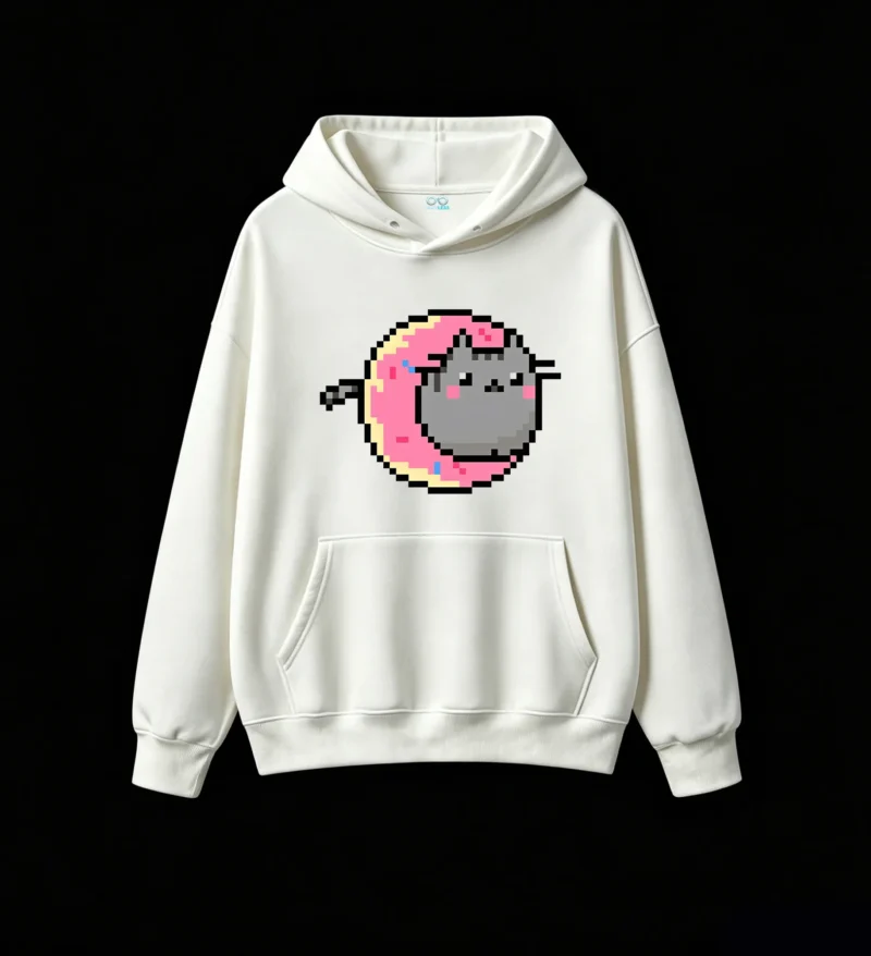 主图_2 Buzo con Capucha Algodón Gato Pixel Art Donut Kawaii Diseño Premium