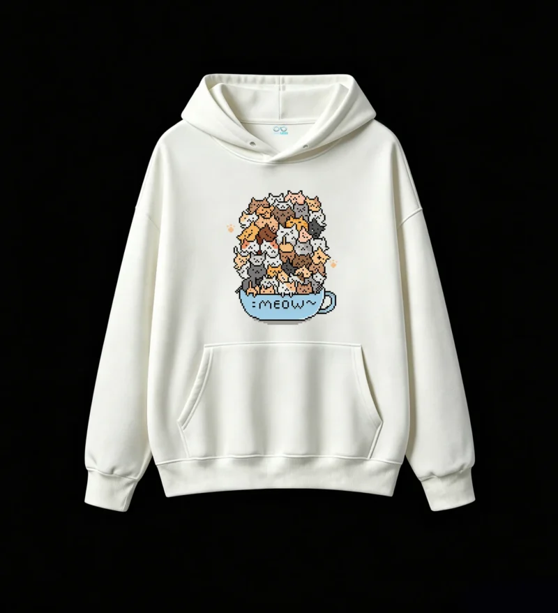 主图_2 Buzo con Capucha Algodón Estampado Gatos Pixel Art Diseño Kawaii