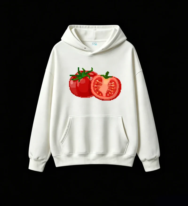 Buzo con Capucha Algodón Estampado Tomate Pixel Art Diseño Casual Top