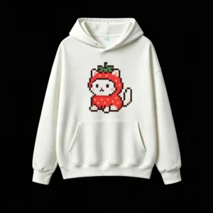 主图_2 Buzo con Capucha Algodón Estampado Gato Frutilla Pixel Art Kawaii