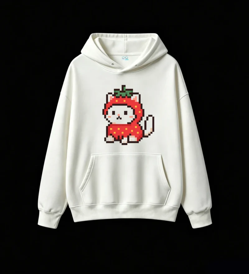 主图_2 Buzo con Capucha Algodón Estampado Gato Frutilla Pixel Art Kawaii