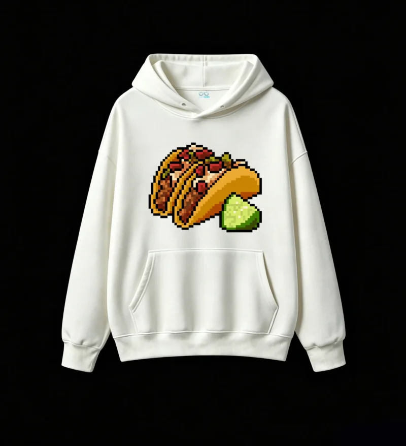 主图_2 Buzo con Capucha Algodón Estampado Tacos Pixel Art Diseño Original Trendy