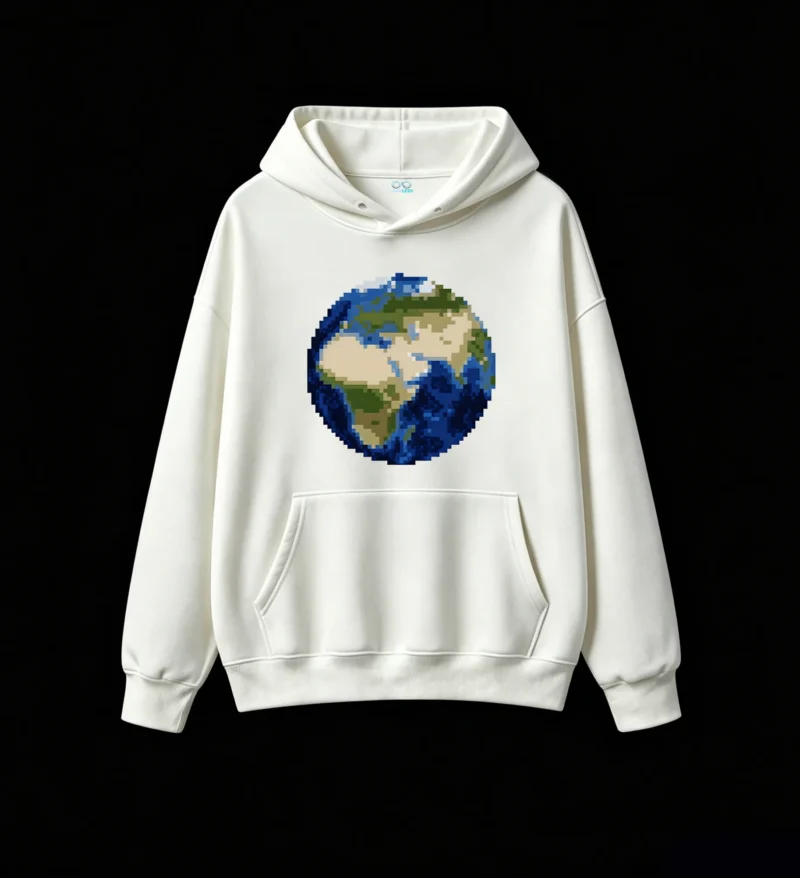 Buzo con Capucha Algodón Estampado Planeta Tierra Pixel Art Casual