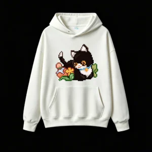 主图_2 Buzo con Capucha Algodón Estampado Gato Pixel Art Kawaii Urbano