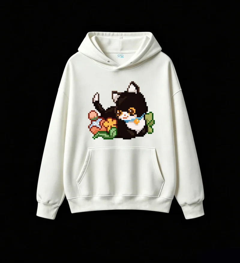 主图_2 Buzo con Capucha Algodón Estampado Gato Pixel Art Kawaii Urbano