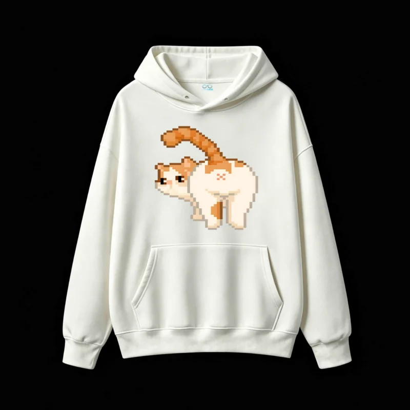 主图_2 Buzo con Capucha Algodón Estampado Gato Pixel Art Diseño Divertido