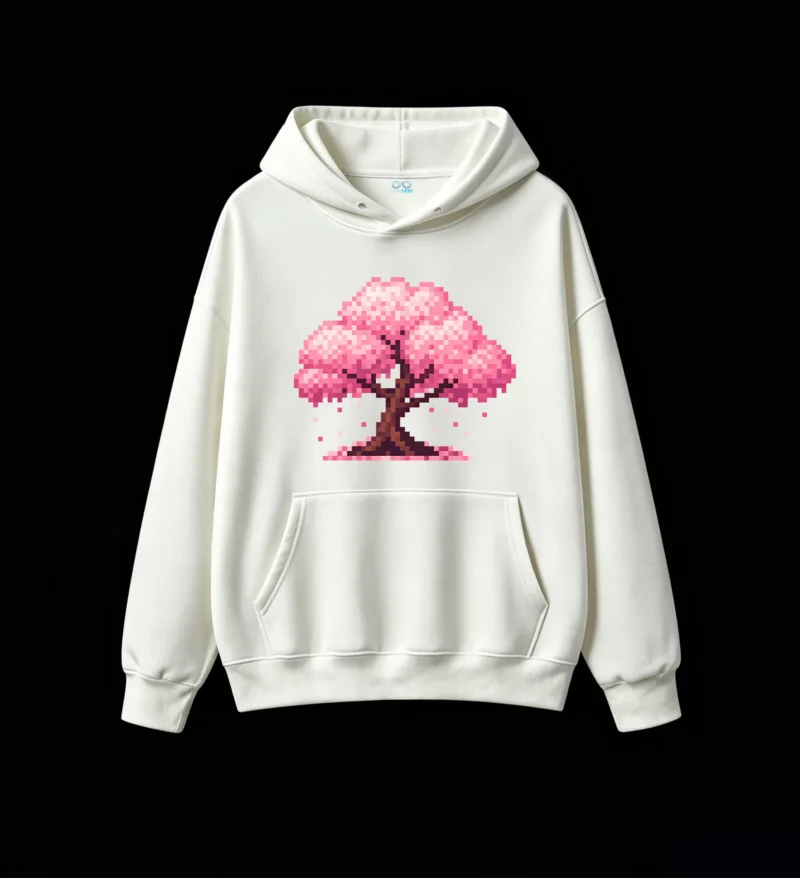 Buzo con Capucha Algodón Estampado Pixel Art Cerezo Japonés Casual
