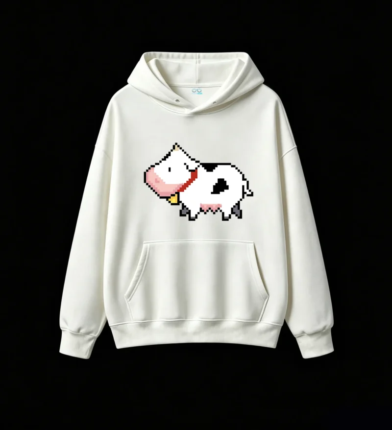 主图_2 Buzo con Capucha Algodón Estampado Vaca Pixel Art Casual Premium