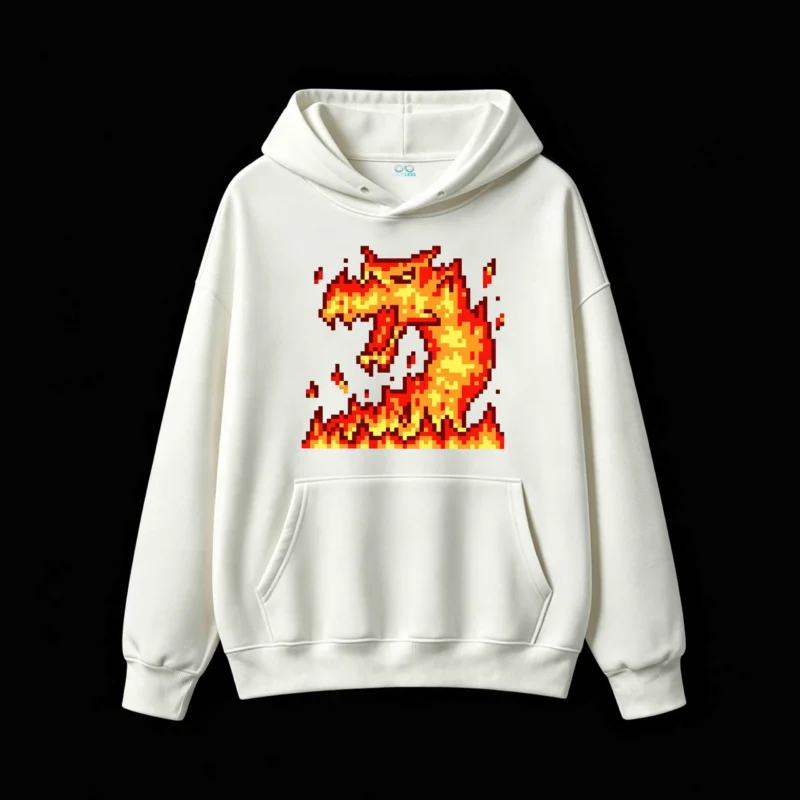 主图_2 Buzo con Capucha Algodón Estampado Dragón Fuego Pixel Art Oversize