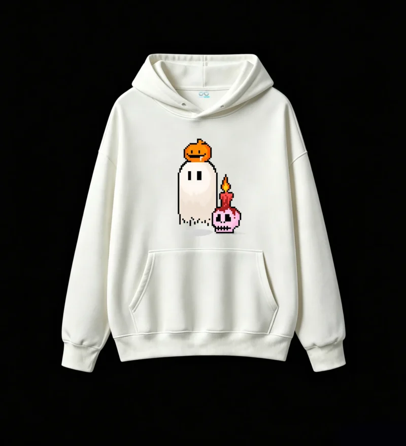 Buzo con Capucha Algodón Estampado Pixel Art Halloween Fantasma Calavera