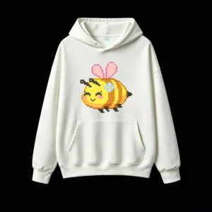 主图_2 Buzo con Capucha Algodón Estampado Abeja Pixel Art Diseño Kawaii