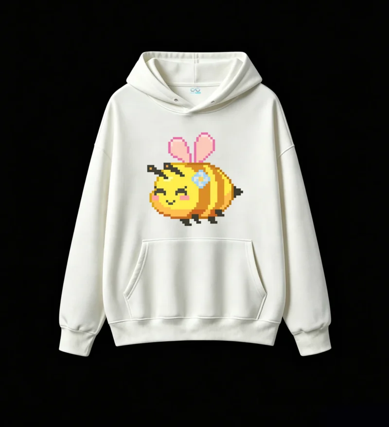 主图_2 Buzo con Capucha Algodón Estampado Abeja Pixel Art Diseño Kawaii