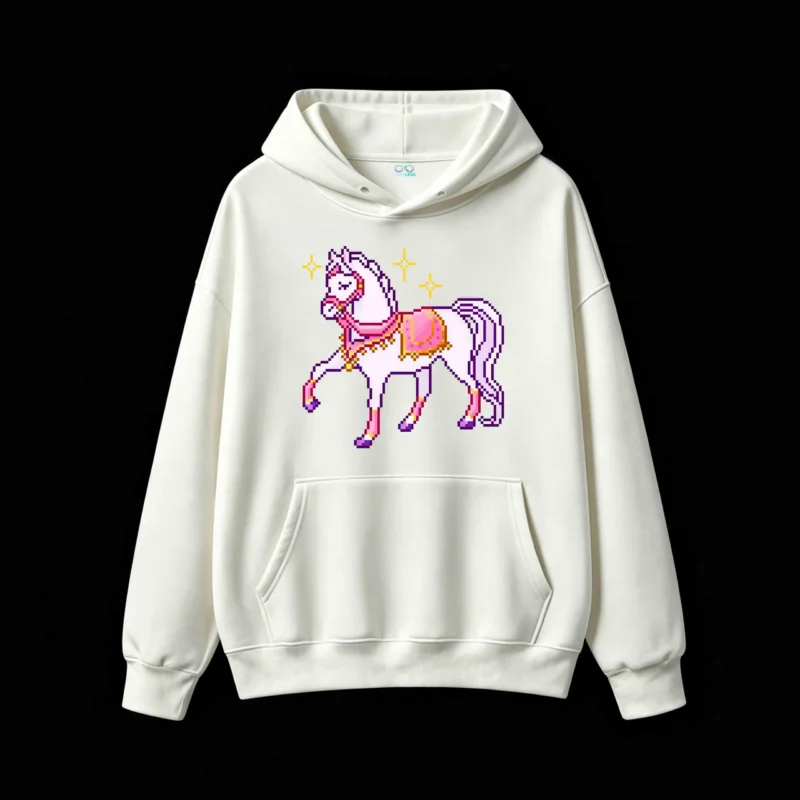主图_2 Buzo con Capucha Algodón Estampado Caballo Pixel Art Estilo Kawaii