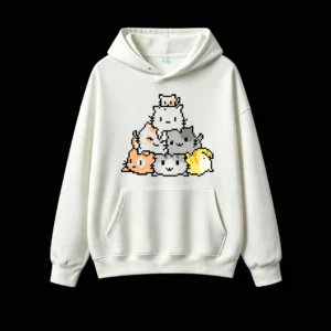 主图_2 Buzo con Capucha Algodón Estampado Pixel Art Gatos Kawaii Diseño Unico